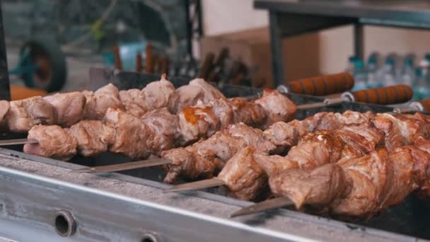 Sappige Crispy Kebab Koken op een metalen spiesje met Smoke on the Grill. Zoom — Stockvideo