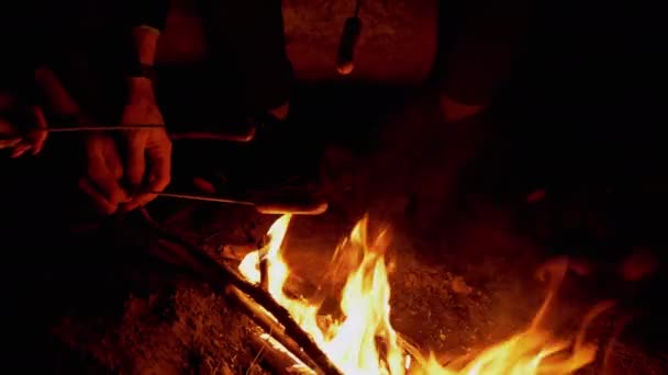 Vacacionistas Turistas Freír salchichas en tijeras de madera, se sienta por la noche hoguera — Vídeos de Stock