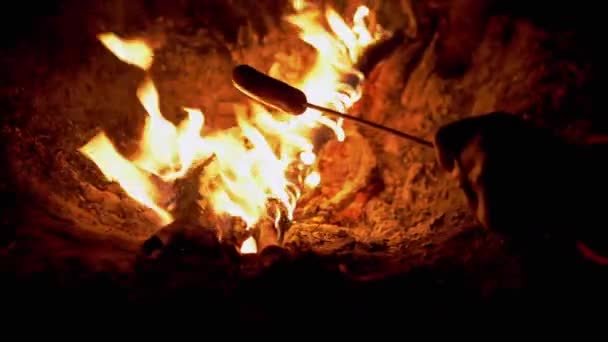 Hungry Woman Grills Sausages on Wooden Skewers, Siting by Night Bonfire. Zoom — Stock Video
