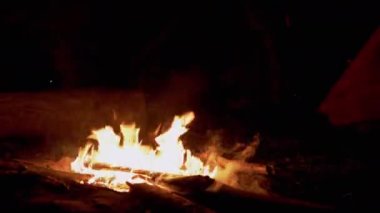 Ormandaki Turist Çadırlarının Arkaplanına Karşı Gece Parlak Şenlik Ateşi Yanıyor. 4K