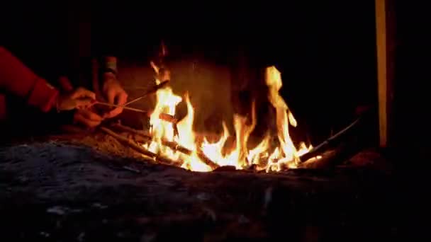 Fome turistas grelhando salsichas em espetos de madeira, Senta-se à noite fogueira. 4K — Vídeo de Stock