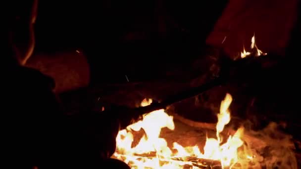子供は手の中の支店であるバーニングスティックで夜のたき火に座っています。ズーム — ストック動画