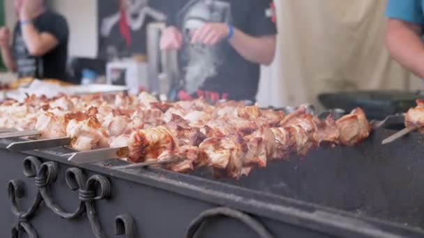 Chef Cooking Juicy, Crispy Kebabs with Smoke on a Metal Skewer on Grill. 4K — Wideo stockowe