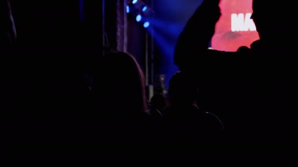 Female Record Video on a Smartphone of a Night Rock Concert on Open Stage. 4K — Wideo stockowe