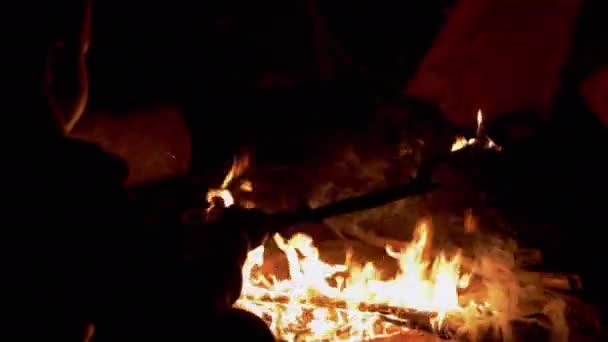 Child Plays with a Smoldering, Burning Branch, a Stick near a Night Bonfire (en inglés). 4K — Vídeo de stock
