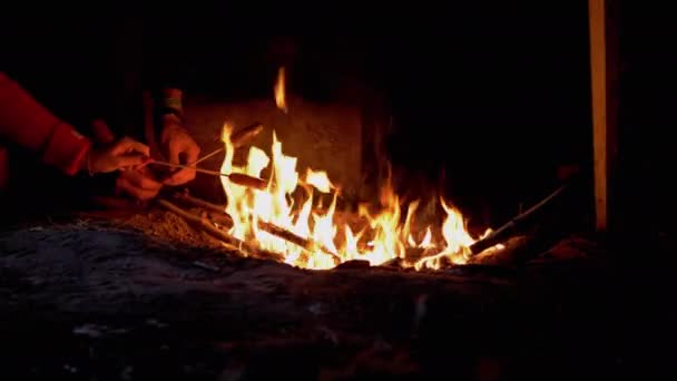Turisti affamati che grigliano salsicce su spiedini di legno, sedute di notte falò. 4K — Video Stock