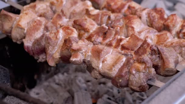 Sappige Crispy Kebab Koken op een metalen spiesje met Smoke on the Grill. Zoom — Stockvideo