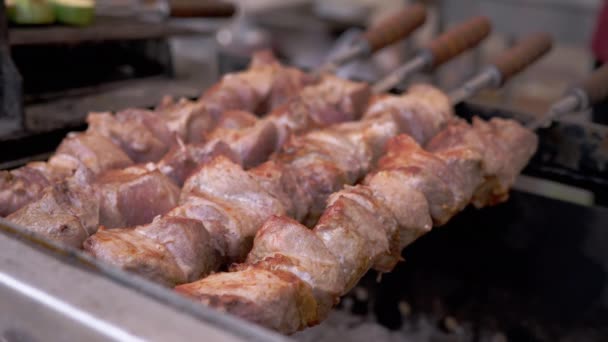 Juicy Crispy Kebab Cooking on a Metal Skewer with Smoke on the Grill (en inglés). Zoom: — Vídeos de Stock