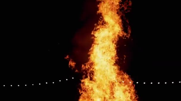 Brilhante fogueira flamejante com queimando línguas quentes de chama à noite na floresta — Vídeo de Stock