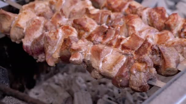 Šťavnaté křupavé Kebab vaření na kovové škrabce s kouřem na grilu. Přiblížení — Stock video