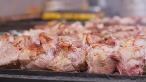 Juicy Crispy Kebab Fémlapáton főz füsttel a Grillen. 4K — Stock videók