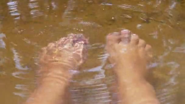 Pés femininos são mergulhados na água do rio com pequenos peixes. 4K. Fechar. — Vídeo de Stock