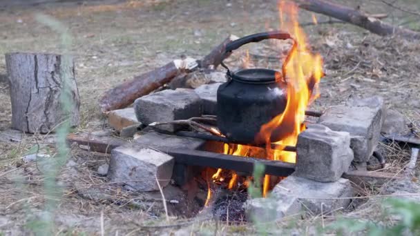 Bătrânul ceainic negru afumat se încălzește peste focul de tabără din pădure. 4K. Close up — Videoclip de stoc