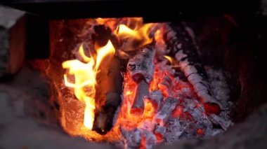 Gece Ormanında Kırmızı Parlayan Közlerle Yanan Şenlik Ateşi. Ağır çekim. Kapat.