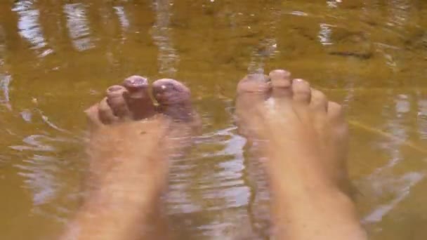 Pés femininos são mergulhados na água do rio com pequenos peixes. 4K. Movimento lento — Vídeo de Stock