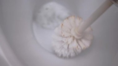 A close-up shot of a white toilet brush cleaning the inside of a toilet bowl, demonstrating hygiene and household chores. The water is clear, and the brush removes unseen grime, emphasizing cleanliness.
