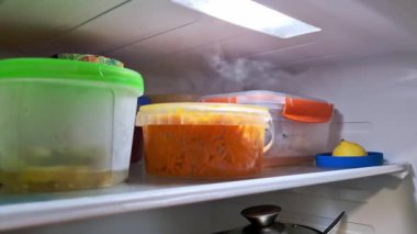 Buzdolabının içinden çekilen düşük açılı bir çekim. Aydınlatılmış bir rafta plastik kaplar dolusu yemek artıkları var. Besin maddelerinin etrafından beyaz buhar veya soğuk buhar yükseliyor. Bu da bir arıza olduğunu gösteriyor..