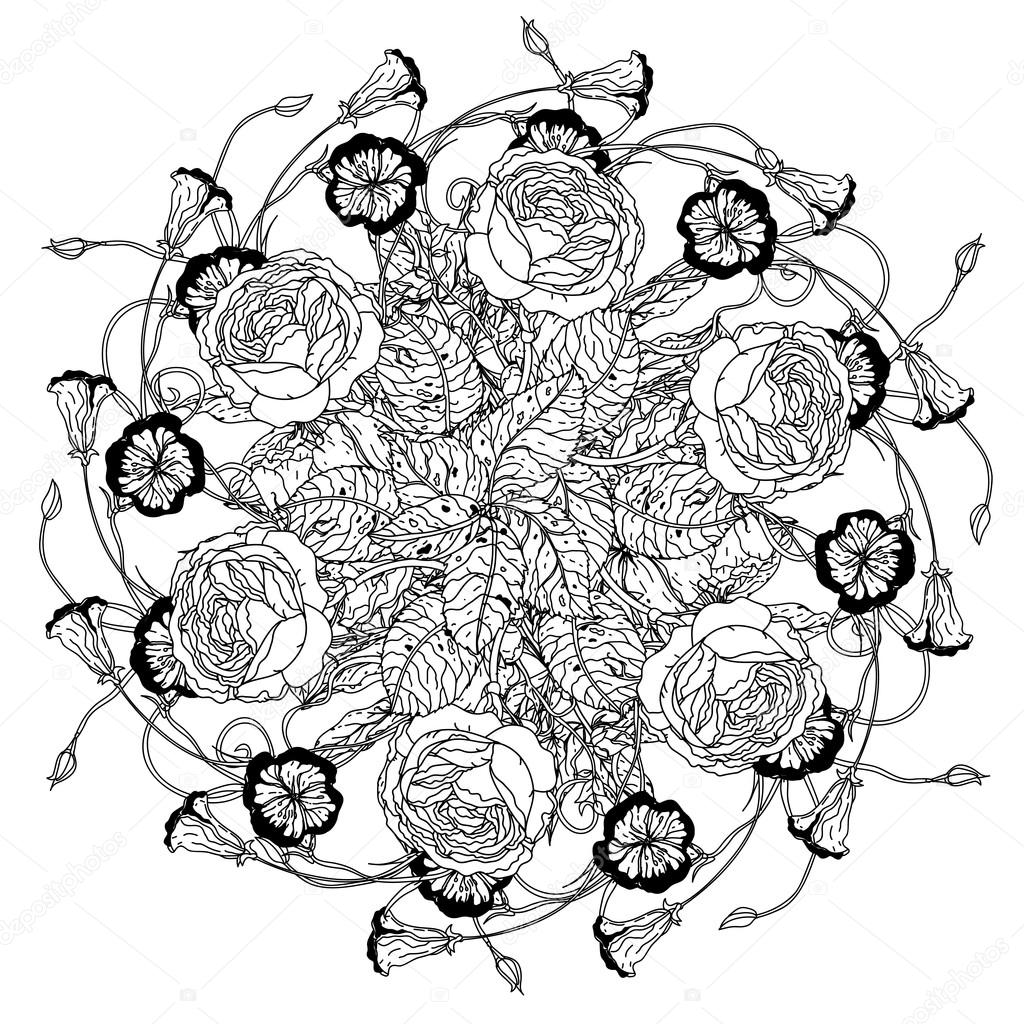 Fiori a forma di mandala in vecchi maestri di stile bouquet per libro da colorare adulto o per la terapia di arte zen anti disegno lo stress