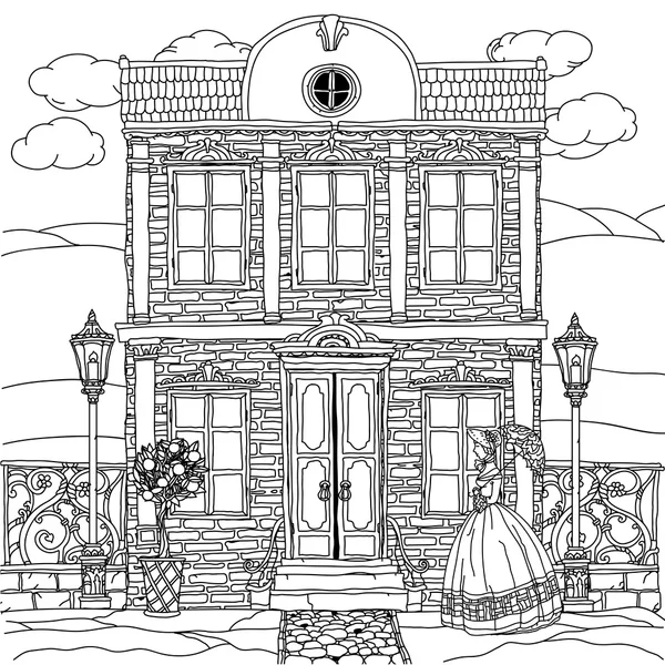 Illustration en noir et blanc d'une maison. Vecteur . — Image vectorielle