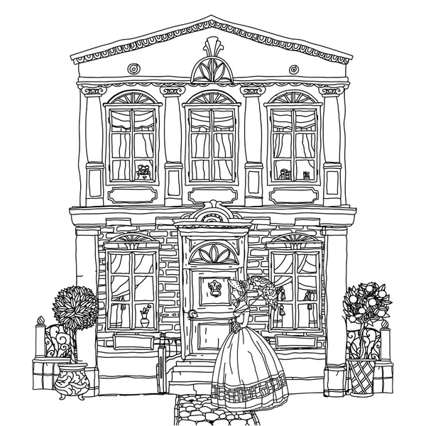 Illustration en noir et blanc d'une maison. Vecteur . — Image vectorielle