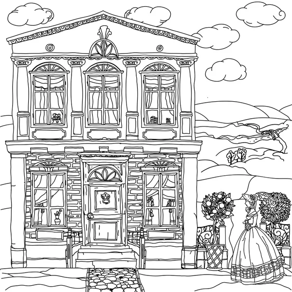 Ilustración en blanco y negro de una casa. Vector . — Vector de stock