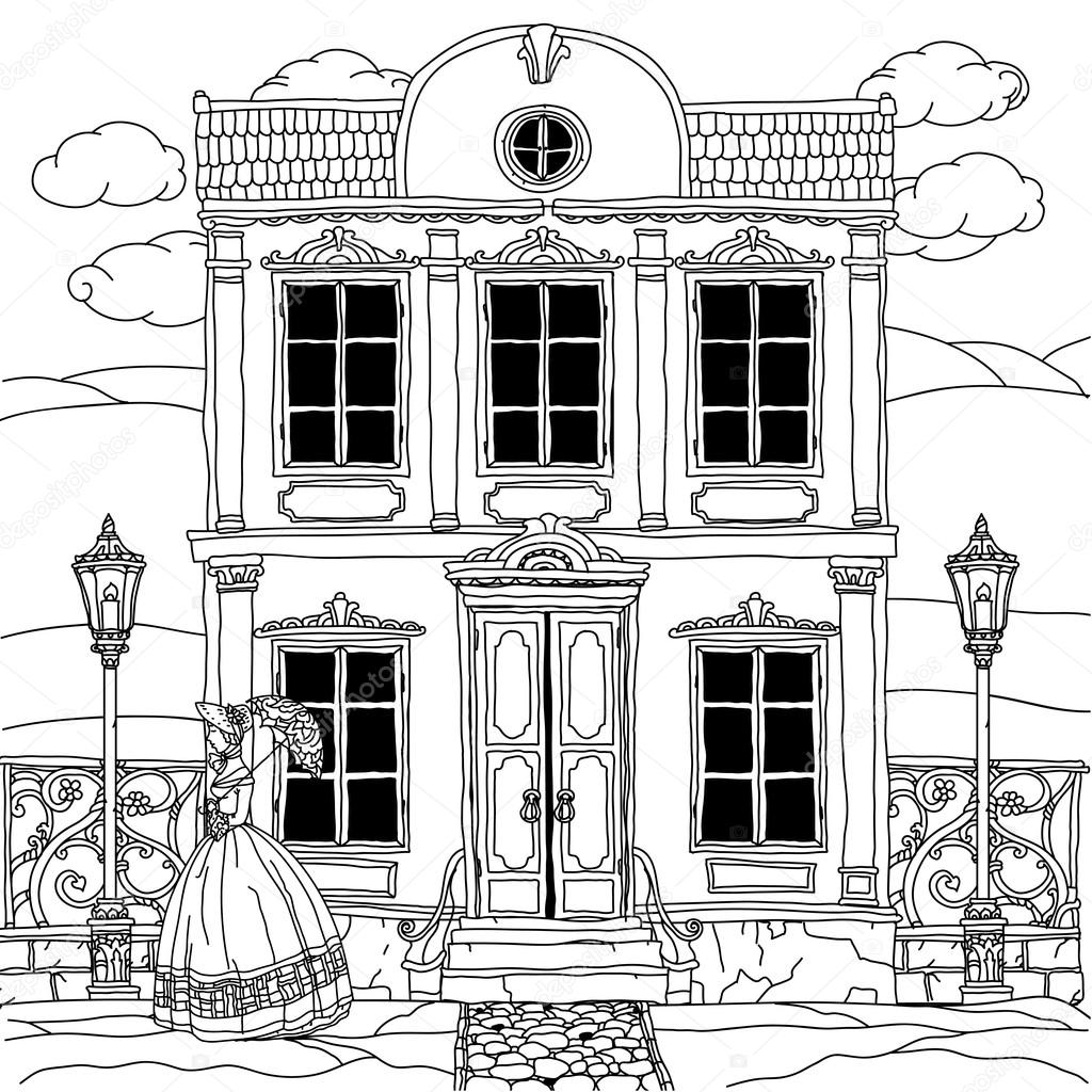 Sagomato in bianco e nero casa vittoriana con una donna passeggia in crinolina con ombrello dell annata per libro da colorare adulto o per la terapia di