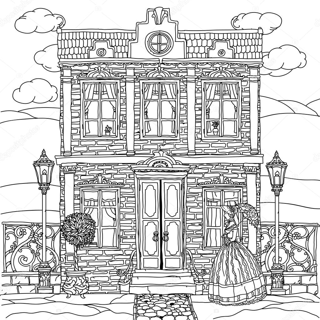Sagomato in bianco e nero casa vittoriana con una donna passeggia in crinolina con ombrello dell annata per libro da colorare adulto o per la terapia di
