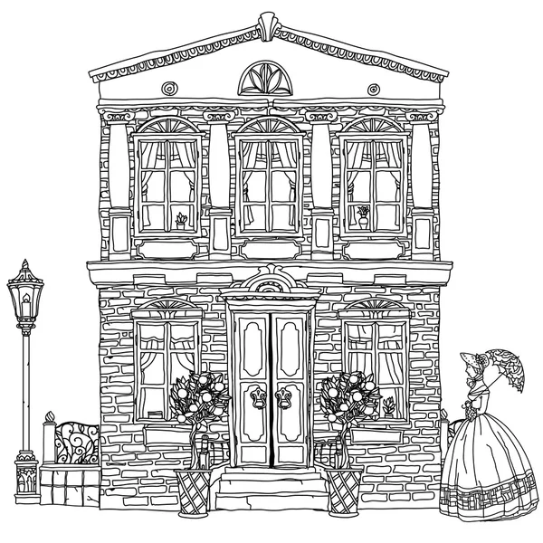 Illustration en noir et blanc d'une maison. Vecteur . — Image vectorielle