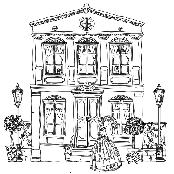 Ilustración en blanco y negro de una casa. Vector . — Vector de stock