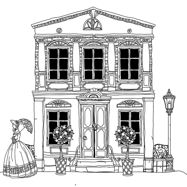 Zwart-wit afbeelding van een huis. Vector. — Stockvector