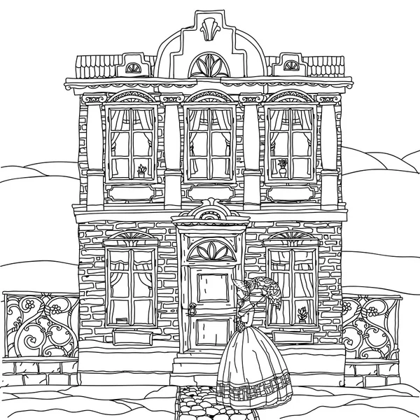 Illustration en noir et blanc d'une maison. Vecteur . — Image vectorielle