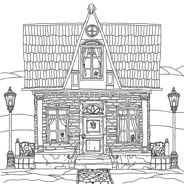 Illustration en noir et blanc d'une maison. Vecteur . — Image vectorielle