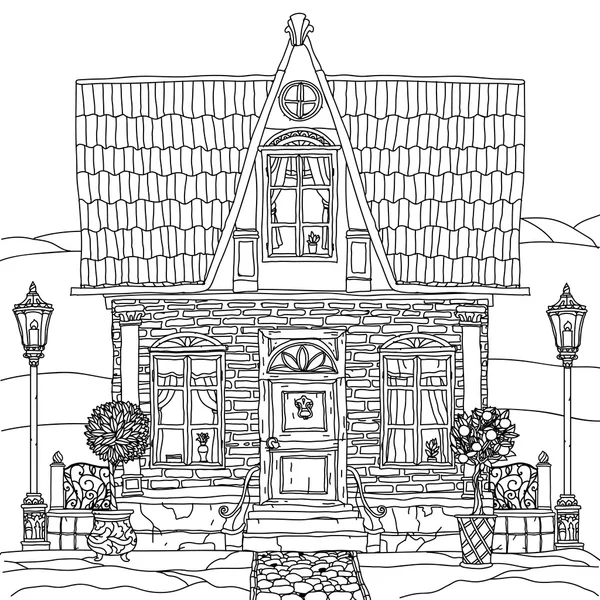 Illustration en noir et blanc d'une maison. Vecteur . — Image vectorielle