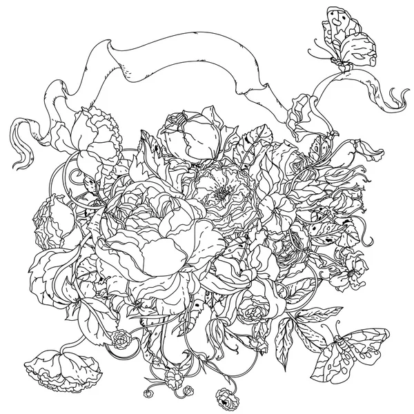 Schwarz-Weiß. Blütenrosen — Stockvektor