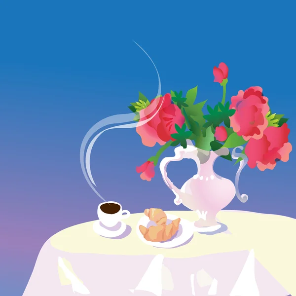 Taza de café y pasteles en la mesa , — Vector de stock