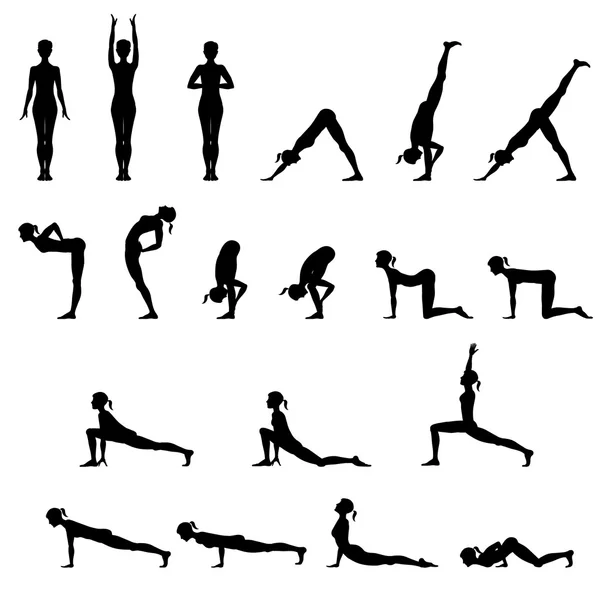 Conjunto de 19 posiciones de yoga — Vector de stock