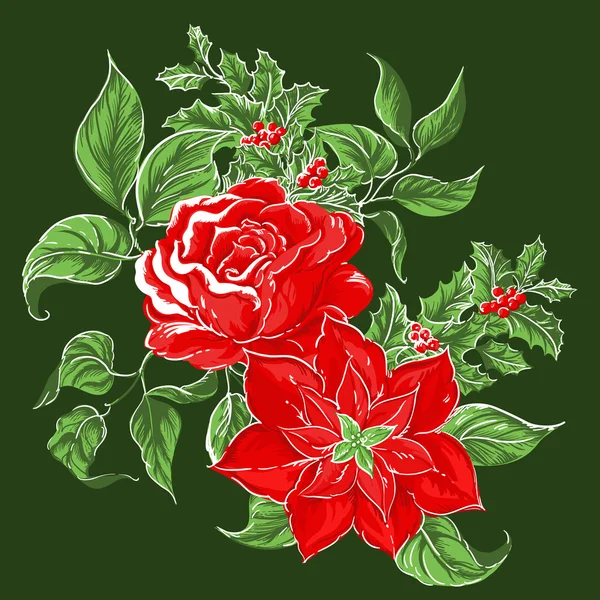 Різдвяний вінок з червоними трояндами та ягодами — стоковий вектор