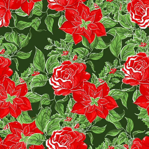 Vánoční věnec s červenými růžemi a bobule — Stockový vektor