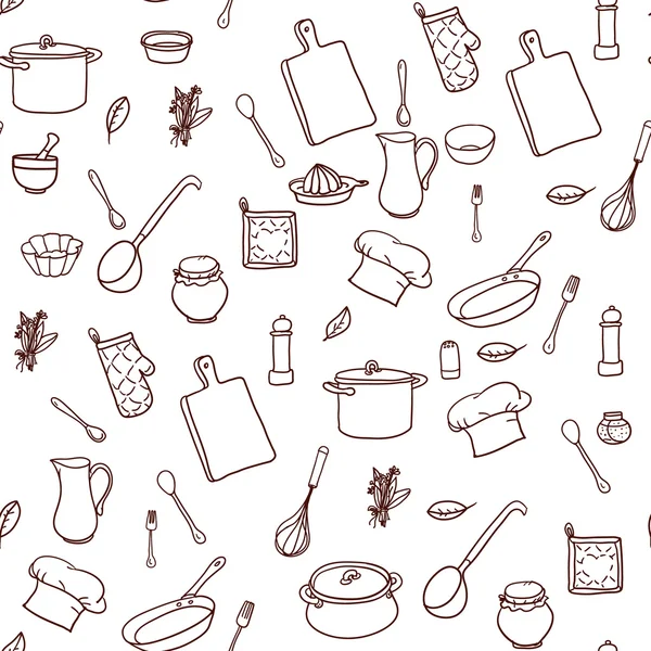 Patrón sin costuras con utensilios de cocina dibujados a mano en el papel forrado — Vector de stock