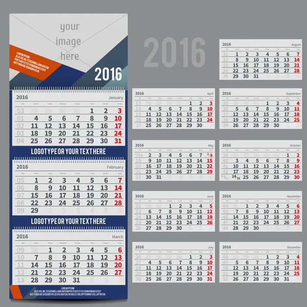 Векторный календарь 2016 - Планировщик на три месяца — стоковый вектор