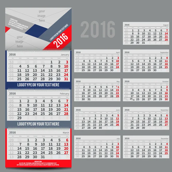 Calendário vetorial 2016 - Planejador para três meses — Vetor de Stock