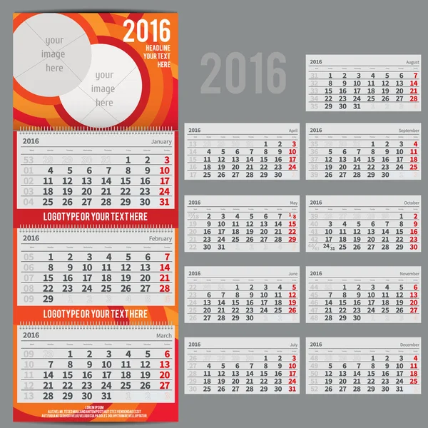 Vector kalender 2016 - Planner voor drie maanden — Stockvector