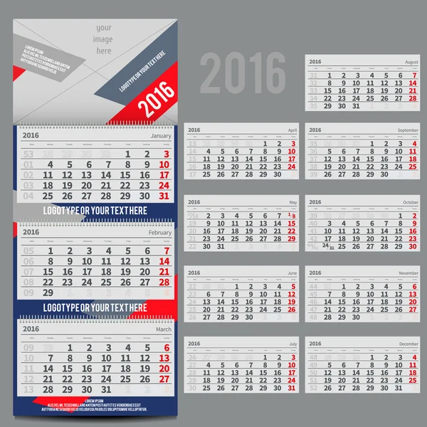 Διάνυσμα ημερολόγιο 2016 - Planner για τρεις μήνες — Διανυσματικό Αρχείο