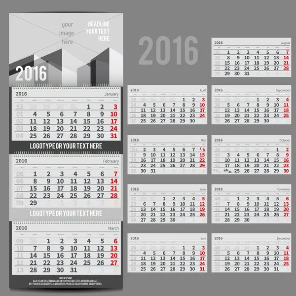 Vektorkalender 2016 - Planlægger for tre måneder – Stock-vektor