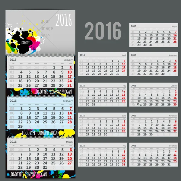 Calendario vectorial 2016 - Planificador de tres meses — Archivo Imágenes Vectoriales