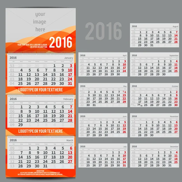 Calendário vetorial 2016 - Planejador para três meses — Vetor de Stock