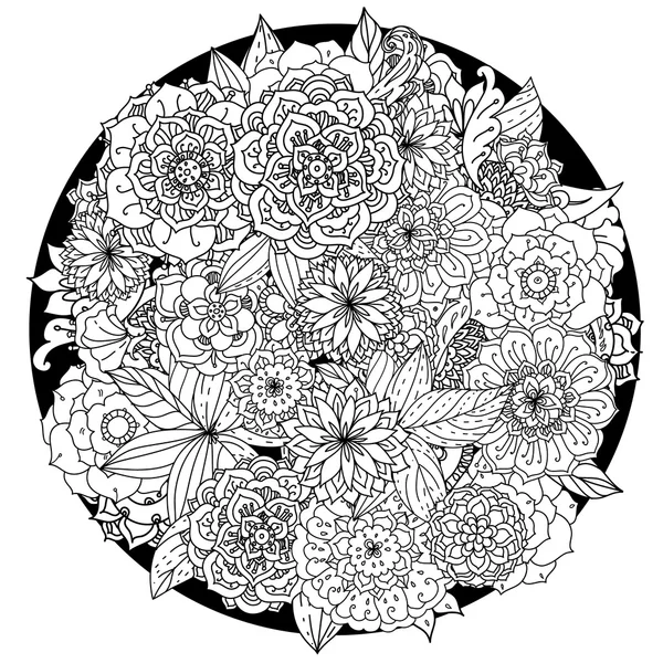 Κύκλος floral στολίδι. Χέρι που τέχνης Μάνταλα. Πραγματοποιούνται από το ίχνος από το σκίτσο. Στυλό με μελάνι. Μαύρο και άσπρο φόντο. Zentangle ομιλίες. — Διανυσματικό Αρχείο