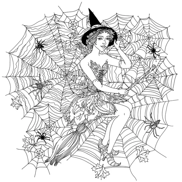 Bruxa com teias de aranha de design — Vetor de Stock