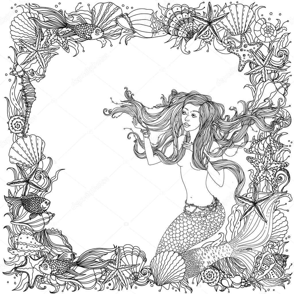 Cornice in bianco e nero e ornamento di conchiglie stelle marine alghe e donna con capelli astratti nell immagine di una sirena potrebbe essere
