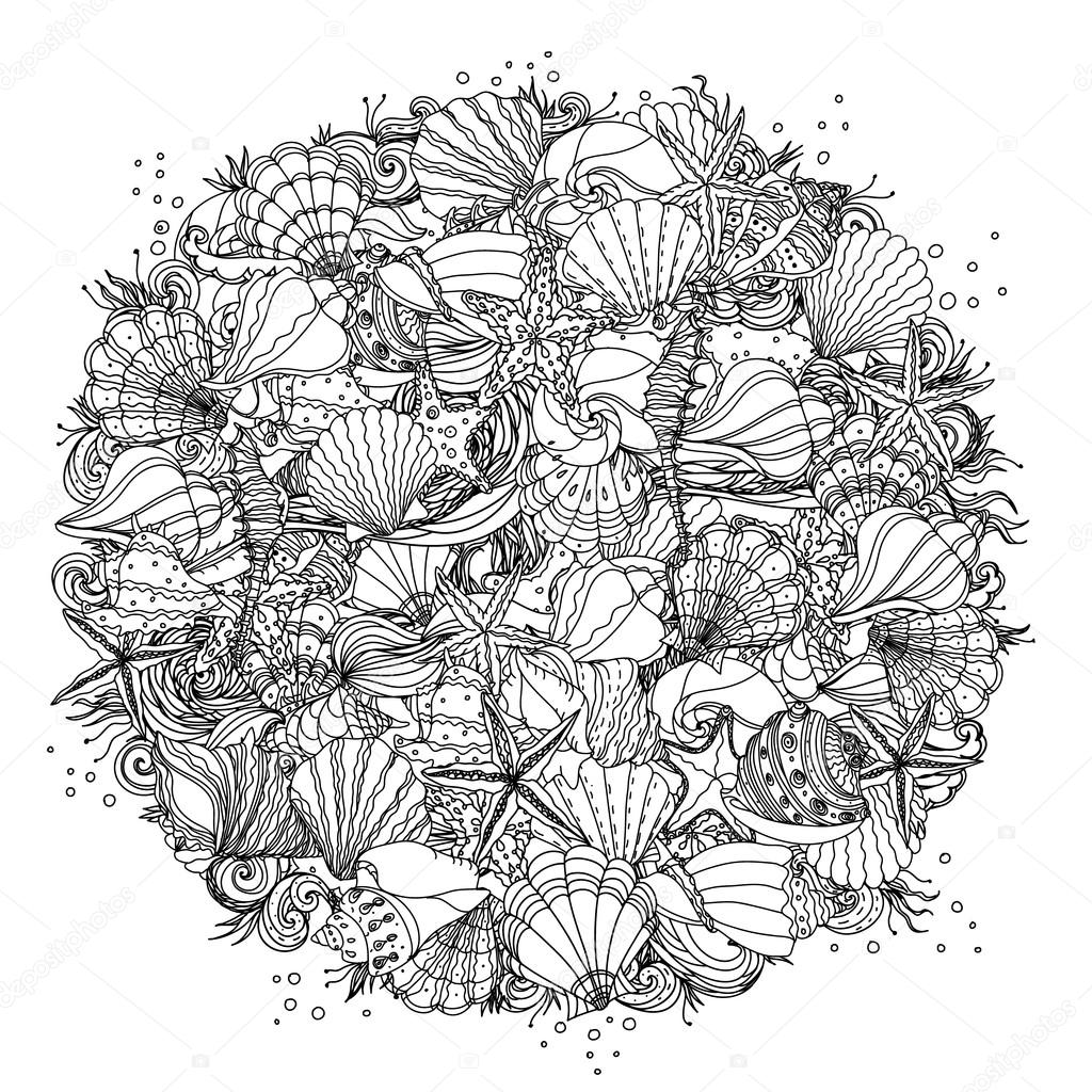 Cerchio bianco e nero ornamento di conchiglie stelle marine alghe potrebbe essere utilizzato per colorare in stile zentangle — Foto di mashabr